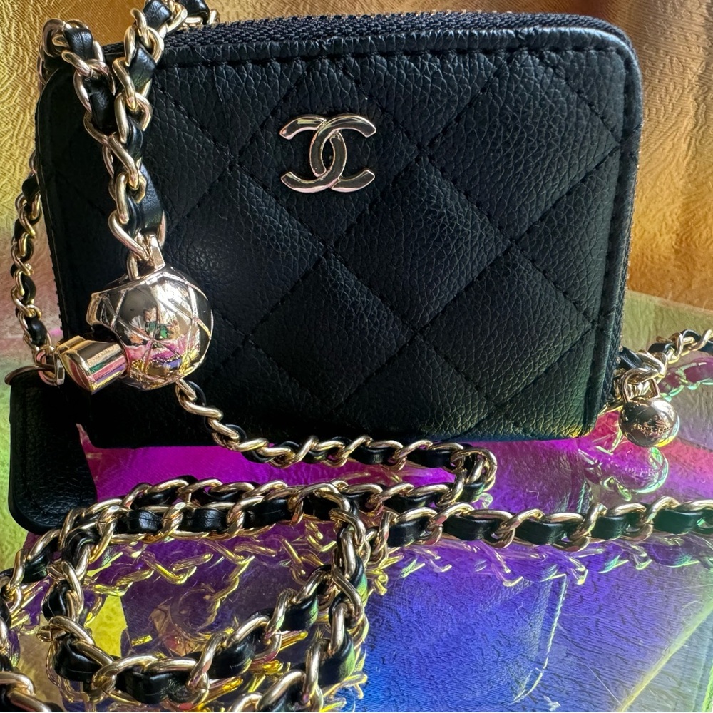 Black Quilted Wallet with Gold Chain